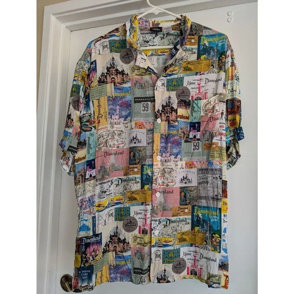 Disney 100 Disneyland Button Down Multicolor Collage Button-Up Shirt Viscose XL